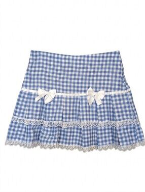 SHEIN Gingham Pleated Mini Skirt Blue White Bows Lace Womens Size Medium 6